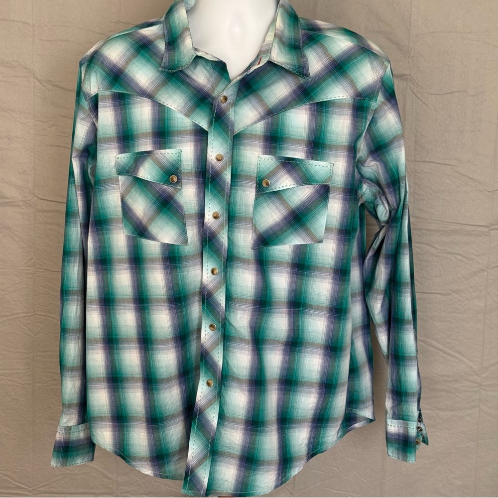 Wrangler Pearl Snap Plaid Shirt Mens XL Cotton American Cowboys Green Plaid